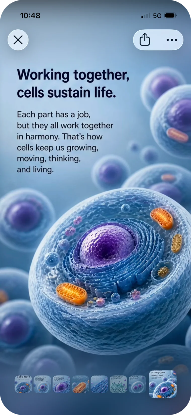 An interactive explainer in Liquid Photos titled “Working together, cells sustain life”, over a 3D illustration of a cell.