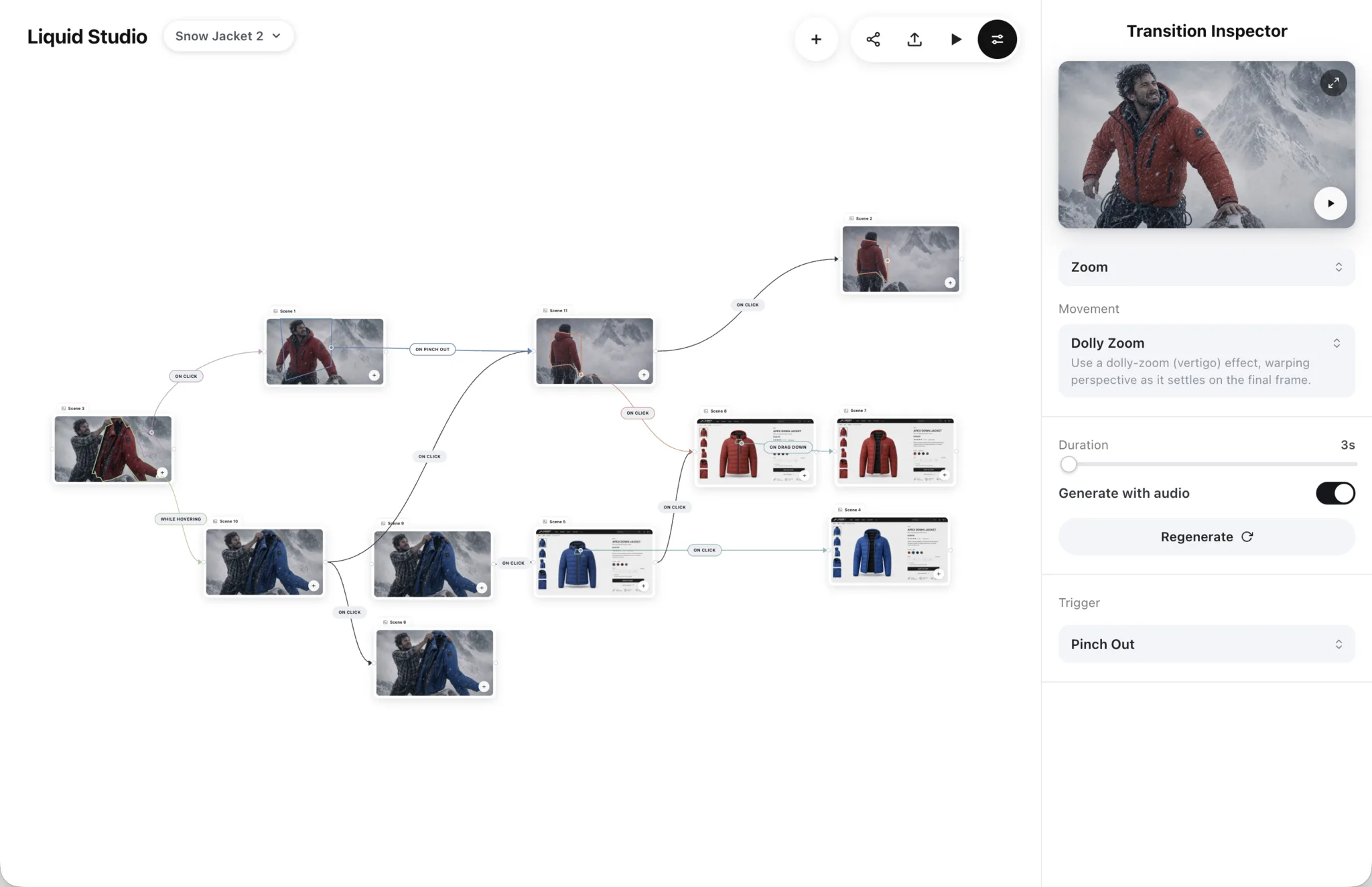 The Liquid Studio editor: a node graph of jacket scenes wired together with on-click and pinch-out triggers, beside a Transition Inspector panel.